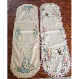 2 1960s Dresser Scarf with Embroidery & Crochet Edging, Linen Floral Butterflies